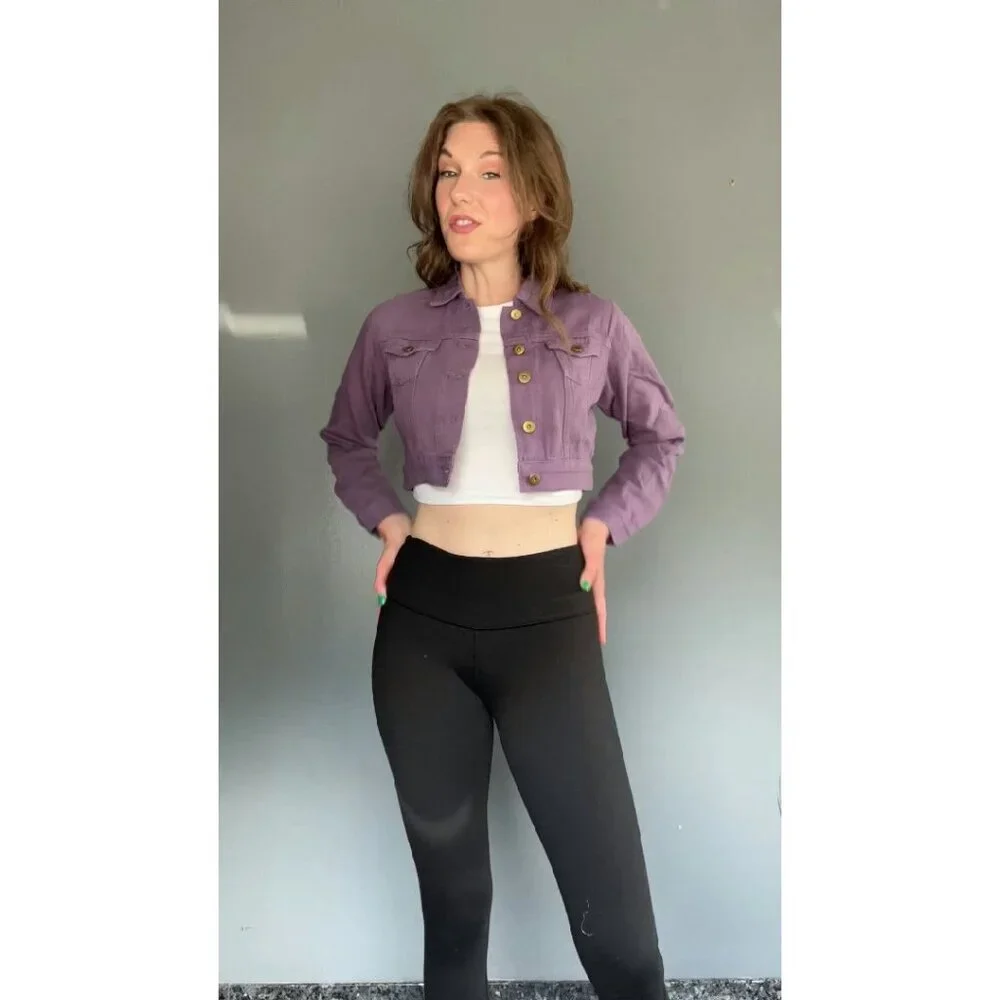 Cropped Denim Jacket Long Sleeve Button Down 100% Cotton Pockets